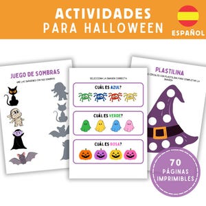 Puede incluir: Hojas de actividades de Halloween en español. Las hojas incluyen juegos de sombras, identificación de colores y actividades de plastilina. La imagen presenta un gato negro, una momia, un vampiro y un murciélago. El texto dice "Actividades para Halloween" y "70 páginas imprimibles."