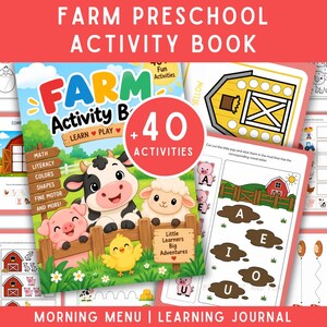 May include: A Farm Preschool Activity Book featuring a colorful cover with a cow, pig, sheep, and chick behind a wooden fence. The book includes 40 activities covering math, literacy, colors, and shapes, with interior pages showing farm-themed exercises.