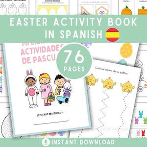 Puede incluir: Un libro de actividades de Pascua en español con 76 páginas. La portada presenta ilustraciones de niños con disfraces de conejos y sosteniendo cestas de Pascua. El libro incluye diversas actividades, como trazar líneas y páginas para colorear. El título es "Easter Activity Book in Spanish".