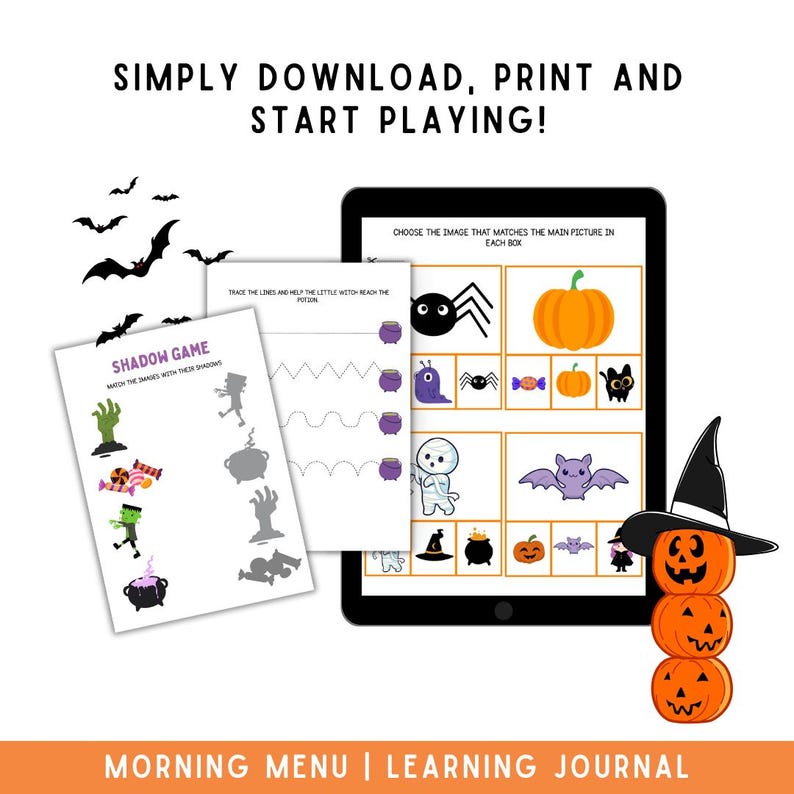 May include: A digital tablet displaying a Halloween-themed matching game alongside two printed activity sheets featuring a shadow matching game and line tracing exercises. The set includes illustrations of pumpkins, bats, a mummy, and a witch hat.