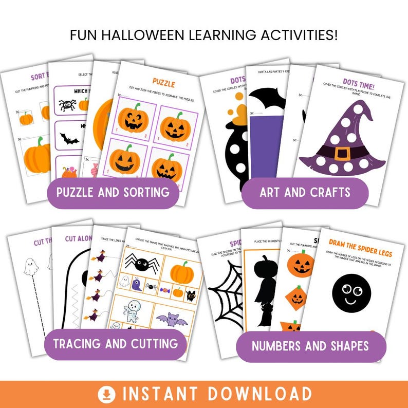 May include: A collection of printable Halloween learning activity sheets featuring pumpkins, spiders, ghosts, and bats. The pages include puzzles, sorting tasks, tracing, cutting exercises, and shape matching games with text labels like FUN HALLOWEEN LEARNING ACTIVITIES.