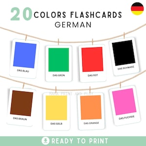 May include: A set of 20 color flashcards in German, displayed on a string. Each card features a solid color and its German name, including blue, green, red, black, brown, yellow, orange, and fuchsia. The phrase "READY TO PRINT" is at the bottom.