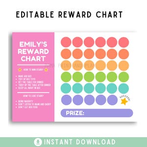 Puede incluir: Un gráfico de recompensas imprimible con el texto "EMILY'S REWARD CHART" en rosa. El gráfico incluye círculos coloridos para rastrear el progreso y una sección para enumerar las recompensas. El gráfico también incluye el texto "INSTANT DOWNLOAD".