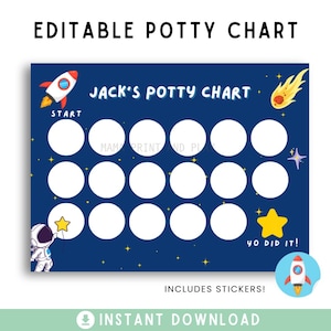 Könnte beinhalten: Eine marineblaue Töpfchentabelle mit Weltraumthema, mit einer Rakete, einem Astronauten, Sternen und dem Text "Jack's Potty Chart". Enthält Aufkleber und die Worte "Yo Did It!" und "Sofort-Download".