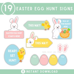 Puede incluir: Un conjunto de 19 letreros de búsqueda de huevos de Pascua con una combinación de colores pastel. Incluye letreros con conejitos, pollitos, flechas y formas de huevo. El texto incluye "Easter Egg Hunt Starts Here", "This Way" y "Ready Set Hunt!"
