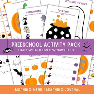May include: A preschool activity pack featuring Halloween-themed worksheets with illustrations of pumpkins, ghosts, bats, spiders, and witches. The pages include games like shadow matching, dot filling, and cutting exercises with text instructions.
