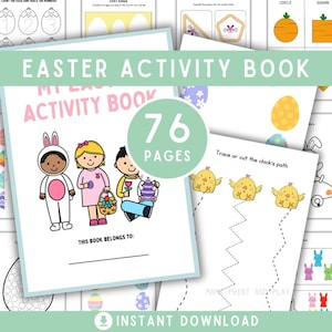 Puede incluir: Un libro de actividades de Pascua con 76 páginas, con ilustraciones y actividades coloridas. La portada muestra niños con disfraces de Pascua. Incluye ejercicios de trazo, coloreado y reconocimiento de formas. Descarga instantánea.