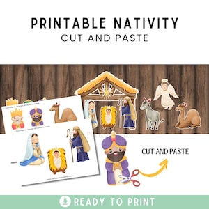 Puede incluir: Escena del nacimiento imprimible con figuras para recortar y pegar. La imagen presenta un establo, un ángel, un burro, camellos y figuras de los Reyes Magos. El texto "Printable Nativity" y "Cut and Paste" se muestra en la parte superior.