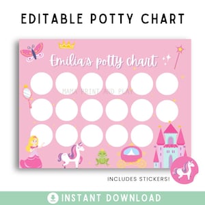 Puede incluir: Un gráfico rosa para el orinal con el texto "Emilia's potty chart" y las palabras "EDITABLE POTTY CHART" en la parte superior. El gráfico tiene 15 círculos blancos para pegatinas e incluye ilustraciones de una princesa, un unicornio y un castillo. También están presentes las palabras "INCLUDES STICKERS!" y "INSTANT DOWNLOAD".