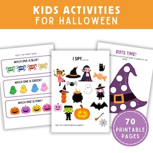 Puede incluir: Una colección de páginas de actividades imprimibles con temática de Halloween para niños. Las páginas incluyen juegos de emparejamiento, juegos de "Veo, veo" y actividades de puntos a puntos. La imagen presenta ilustraciones coloridas de calabazas, fantasmas, arañas y otras imágenes relacionadas con Halloween. El texto de la imagen dice "KIDS ACTIVITIES FOR HALLOWEEN".
