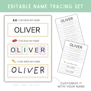 Puede incluir: Un juego de trazado de nombres imprimible en blanco con el nombre "OLIVER". El juego incluye hojas de trabajo y actividades para leer, construir y escribir el nombre. El texto "EDITABLE NAME TRACING SET" está en la parte superior. Personalizable.