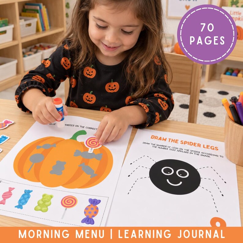 May include: A learning journal with 70 pages featuring educational activity sheets. One sheet shows a large orange pumpkin with candy shapes and the text 'Place candies on the correct', while another sheet shows a spider with the text 'Draw the spider legs'.