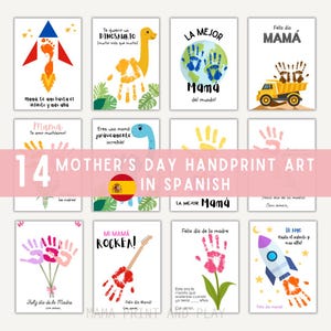 Puede incluir: Una colección de 14 tarjetas de arte de huellas de manos para el Día de la Madre en español. Las tarjetas presentan diseños coloridos de huellas de manos, incluyendo un cohete, un dinosaurio y una guitarra. El texto incluye "Día de la Madre" y "Te amo."