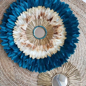 Jujuhat &quot;PALERMA&quot;, duck blue and golden beige feathers + golden raffia + apatite