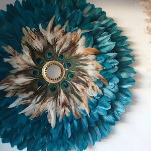 Jujuhat &quot;CAPRI&quot; duck blue and peacock feathers + brass mirror + tiger&#39;s eye