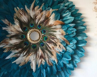 Jujuhat "CAPRI" duck blue and peacock feathers + brass mirror + tiger's eye