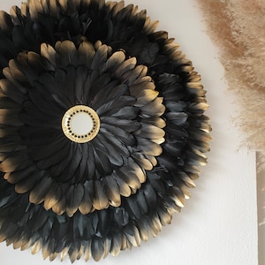 Jujuhat &quot;BAROQUE&quot; black and gold feathers + brass mirror + obsidian