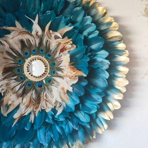 Jujuhat &quot;CAPRI OR&quot; duck blue feathers + brass mirror + tiger&#39;s eye