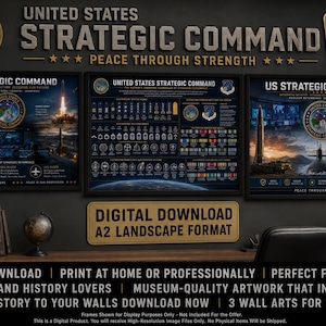 Könnte beinhalten: Drei gerahmte digitale Poster mit dem Titel United States Strategic Command, die militärische Bilder, Raketenstarts, U-Boote und Flugzeuge zeigen. Die Kunstwerke enthalten detaillierte Diagramme, Embleme und Texte zur strategischen Abschreckung im A2-Querformat.