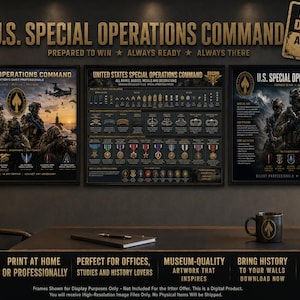 May include: Three framed digital posters featuring U.S. Special Operations Command imagery, including military personnel, rank insignia, badges, and medals. The text includes U.S. SPECIAL OPERATIONS COMMAND, PREPARED TO WIN, ALWAYS READY, ALWAYS THERE.