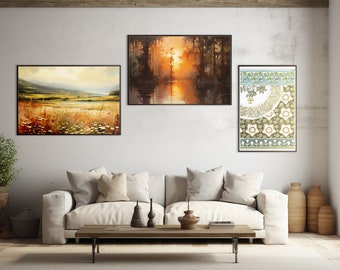 Art Set Farmhouse Gallery Set Cabin Print 3 Artworks warm colors Print Set country artwork Rustic Landscape Painting Digital Download