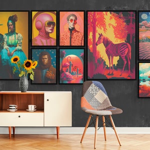 8点のアートワークのギャラリーセット、折衷的なプリントセット、風変わりな壁アート、壁の装飾、ビンテージポスター、レトロな絵画、デジタルダウンロード