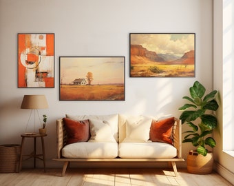 Gallery Set Cottage Print 3 Artworks burnt orange art set Eclectic Print Set Terra cotta artwork Rustic Landscape Painting Digital Download