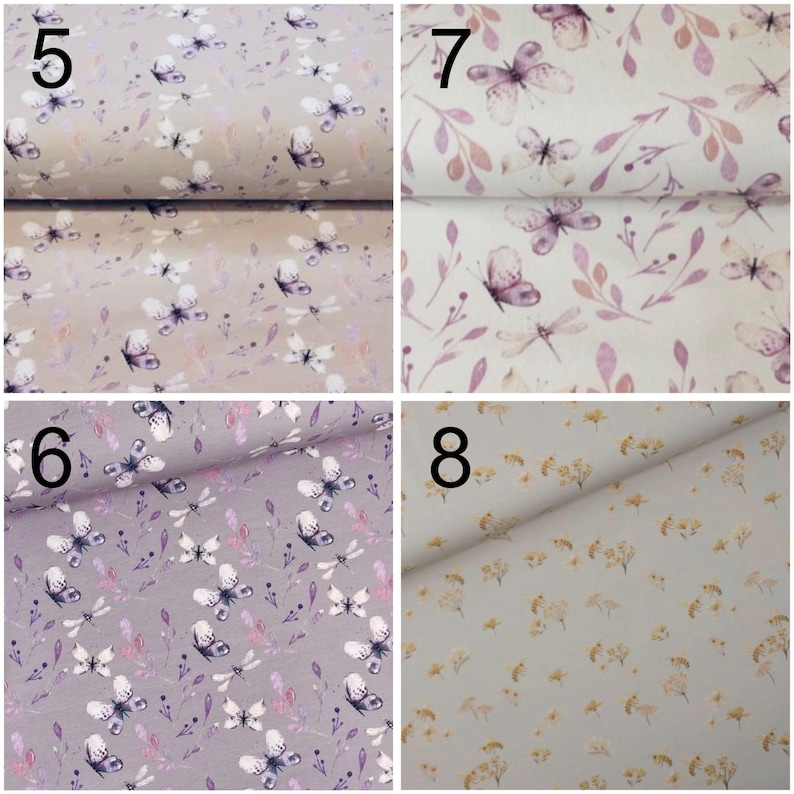 May include: Four fabric swatches with different patterns. The top left swatch has a light brown background with a purple butterfly pattern. The top right swatch has a light beige background with a purple butterfly pattern. The bottom left swatch has a light gray background with a purple butterfly pattern. The bottom right swatch has a light gray background with a yellow flower pattern.