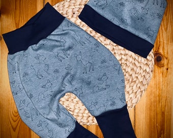 Set of baby pants hat alpine fleece deer blue