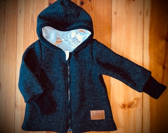 Walk jacket made of virgin wool in anthracite/black and forest animals for babies and children