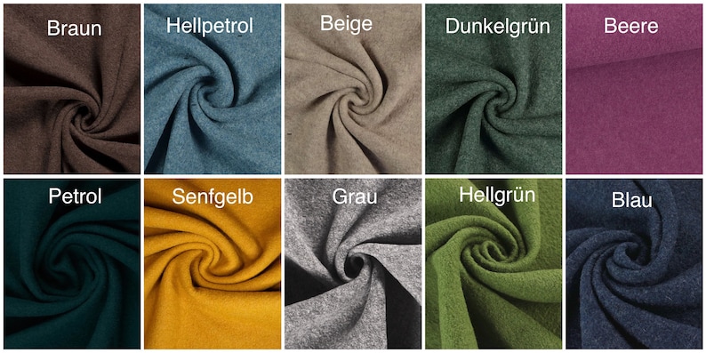May include: A collection of fabric swatches in various colors, including brown, beige, gray, blue, green, yellow, and purple. The fabric is a soft, fuzzy material.