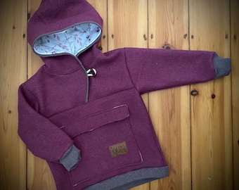 Outdoor hoodie made of boiled wool in berry for babies and children