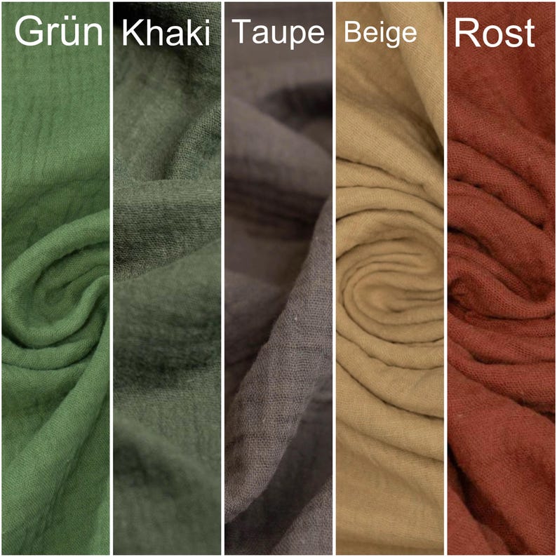 K&ouml;nnte beinhalten: F&uuml;nf Stoffmuster in verschiedenen Farben: Gr&uuml;n, Khaki, Taupe, Beige und Rost. Der Stoff ist weich und texturiert.