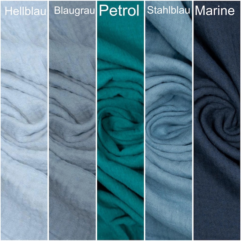K&ouml;nnte beinhalten: F&uuml;nf Stoffmuster in verschiedenen Blaut&ouml;nen und Gr&uuml;nt&ouml;nen. Die Muster sind mit "Hellblau", "Blaugrau", "Petrol", "Stahlblau" und "Marine" beschriftet.