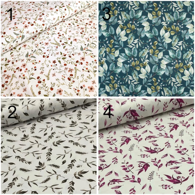 May include: Four fabric swatches with different floral patterns. The first swatch has a white background with small pink and red flowers. The second swatch has a white background with small brown leaves. The third swatch has a teal background with green leaves. The fourth swatch has a white background with small purple leaves.