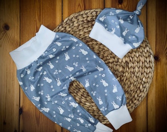 Set of baby pants, knot hat, bunnies