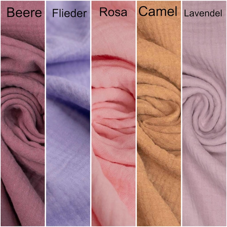 K&ouml;nnte beinhalten: F&uuml;nf Stoffmuster in verschiedenen Farben: ein tiefes Rosa, ein helles Lila, ein helles Rosa, ein helles Braun und ein helles Lavendel. Die Muster sind mit "Beere", "Flieder", "Rosa", "Camel" und "Lavendel" beschriftet.