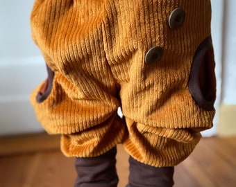 Casual Knickebocker corduroy pants mustard yellow ocher brown/rust copper flowers bloomers for babies and children with pockets