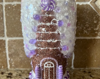 Ginger bread house epoxy tumbler, purple, candy and gems! 30 ounce  Ready to ship. Gift for Christmas lover, unique gingerbread house