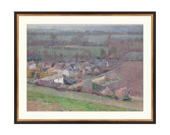Village Oil Painting Landscape: Country Houses Printable Decor (Digital Download)