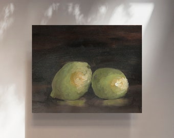 May include: Two green limes with a slightly yellow hue, painted in a realistic style on a dark brown background.