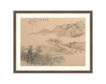 May include: A framed black and white ink painting of a mountain landscape with a stream running through it. The painting is on a light brown background and has a red seal in the upper left corner. The text in the upper right corner reads "山林水竹", which translates to "Mountain Forest Water Bamboo".