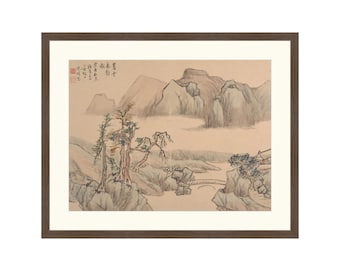 May include: A framed black and white ink painting of a mountain landscape with a bridge and trees. The painting is on a light beige background and has a red seal in the upper left corner.