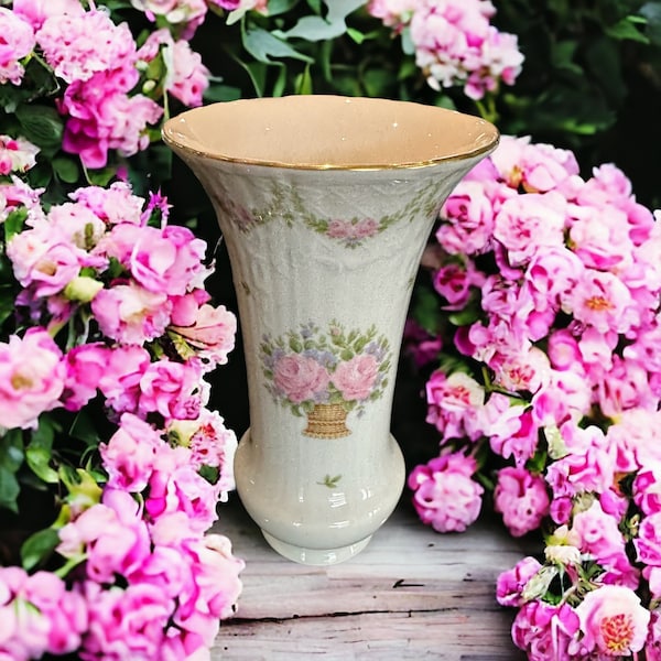 Vintage AK KAISER Vase - Numbered, Initialed.  Marseille Pink Roses with Gold Rim. W. Germany, circa 1980s