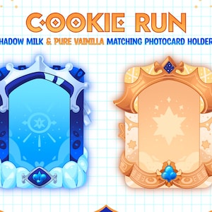 May include: Two matching photocard holders with the text "COOKIE RUN". One is blue with a star design, the other is gold with a star design. The text "SHADOW MILK & PURE VAINILLA MATCHING PHOTOCARD HOLDERS" is also present.
