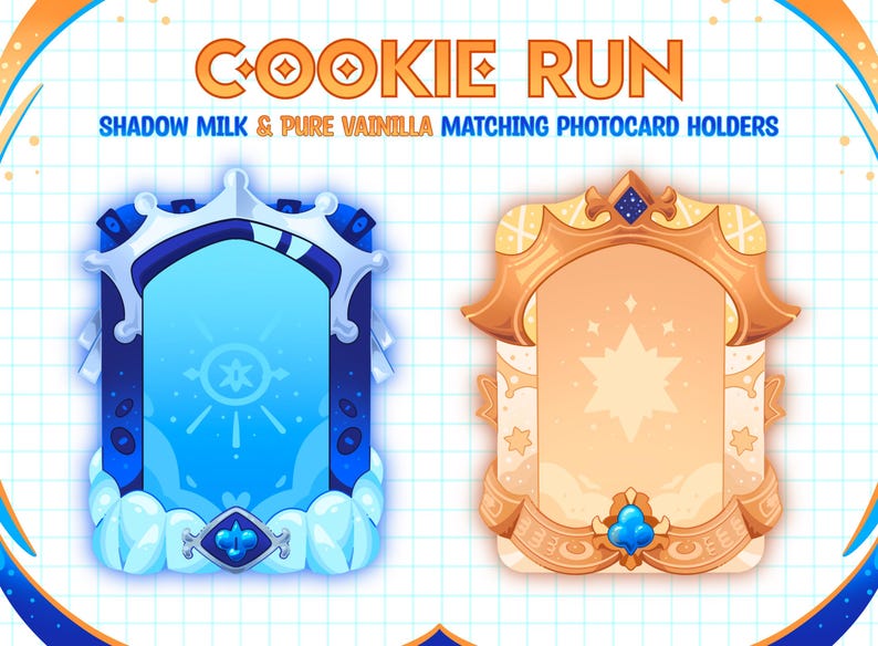 May include: Two matching photocard holders with the text "COOKIE RUN". One is blue with a star design, the other is gold with a star design. The text "SHADOW MILK & PURE VAINILLA MATCHING PHOTOCARD HOLDERS" is also present.