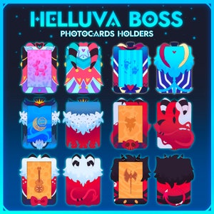 May include: Twelve photocard holders featuring characters from the animated series "Helluva Boss". Each holder is a different character with a unique design. The holders are arranged in a grid of four rows and three columns.