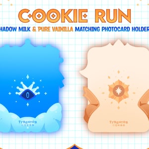 May include: Cookie Run photocard holders in blue and beige. The blue holder features a crown and eye design, while the beige holder has a starburst emblem. Both have the text "TYRENTAR" and "Cookie Run" at the bottom.
