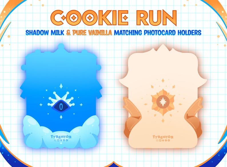 May include: Cookie Run photocard holders in blue and beige. The blue holder features a crown and eye design, while the beige holder has a starburst emblem. Both have the text "TYRENTAR" and "Cookie Run" at the bottom.