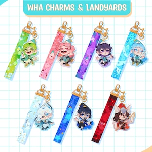 Puede incluir: Colección de coloridos colgantes y cordones WHA. Cada cordón presenta un diseño único y una ilustración de personaje. Los cordones son de varios colores, incluyendo verde, rosa, morado, azul y rojo. El texto "WHA CHARMS & LANDYARDS" está en la parte superior.